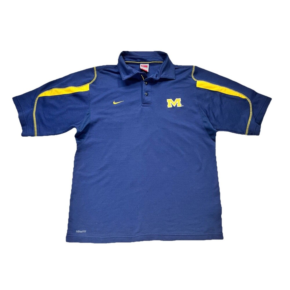 Nike Michigan Wolverines Mens Small Polo Shirt Blue Yellow Athletic Dri-FIT UofM